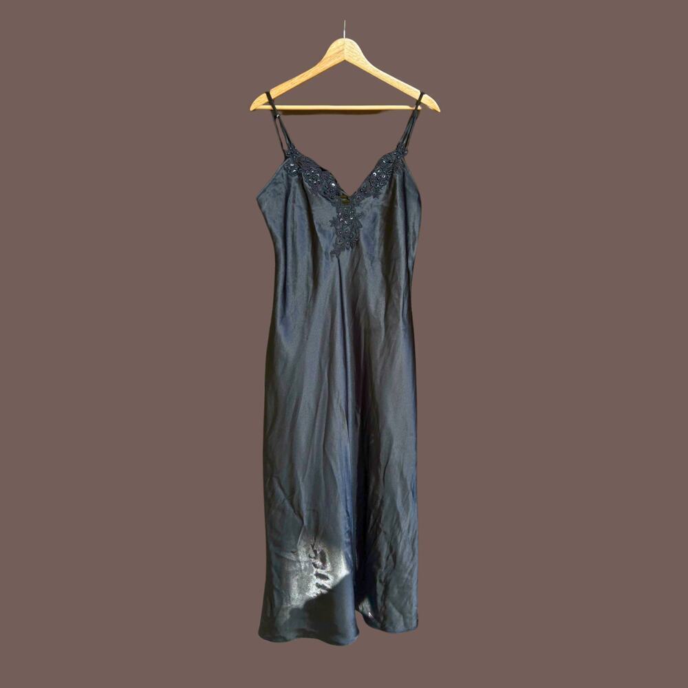 Expressions Slip Dress | Black Satin Beaded | Size M | Vintage
